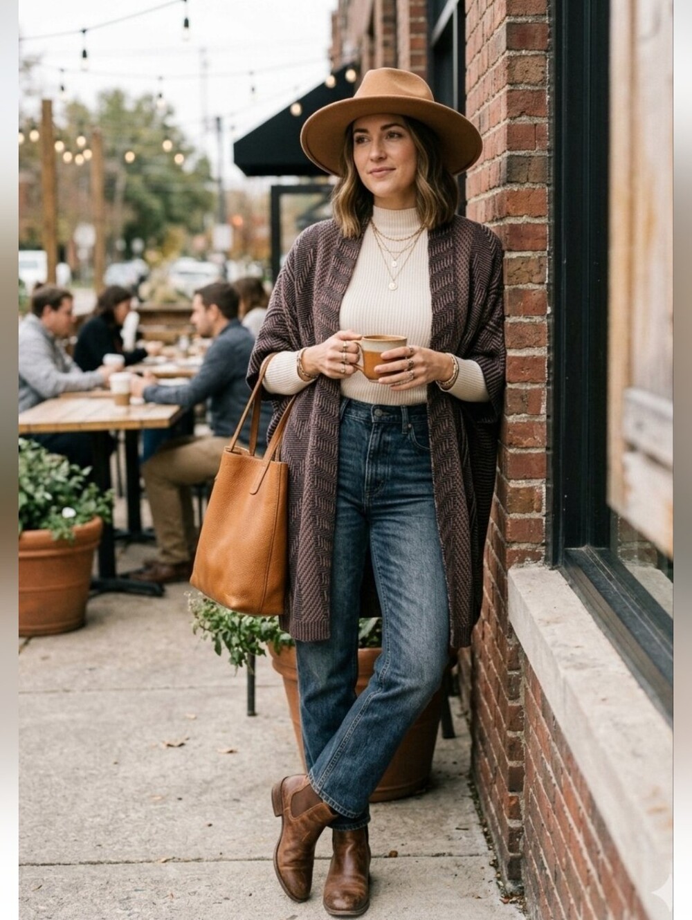 Chunky Knit Open Front Boho Cardigan Sweater Brown &Black Chevron Oversized